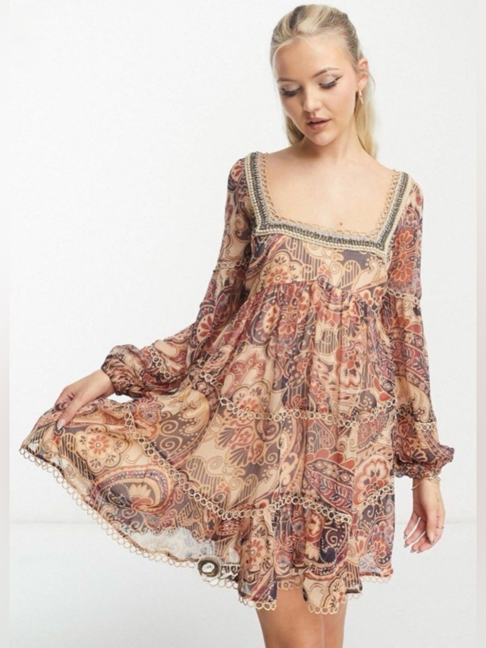 ASOS Design square neck lace insert beaded mini smock dress in tan paisley